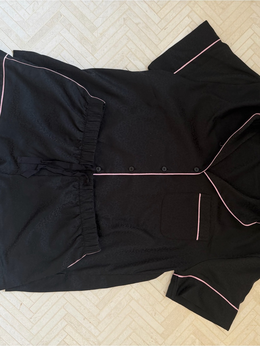 Victoria's Secret Black Cheetah  Short Sleeve Pajama Set with Pink Trim